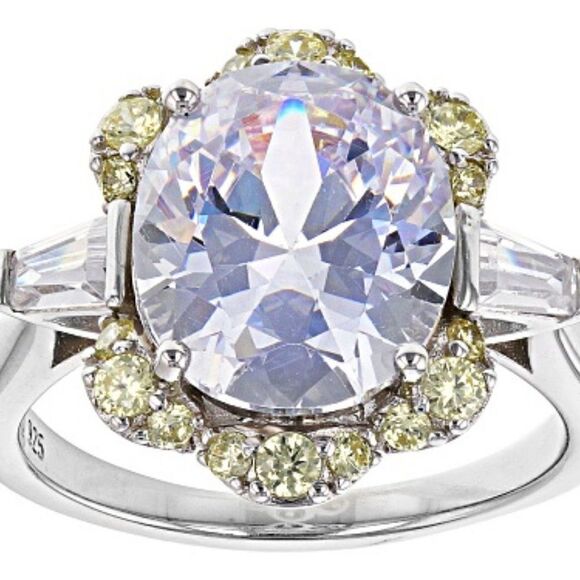 10.87ctw Canary And White Diamond Simulants Rhodium Over Silver Ring size 8 - Picture 3 of 5